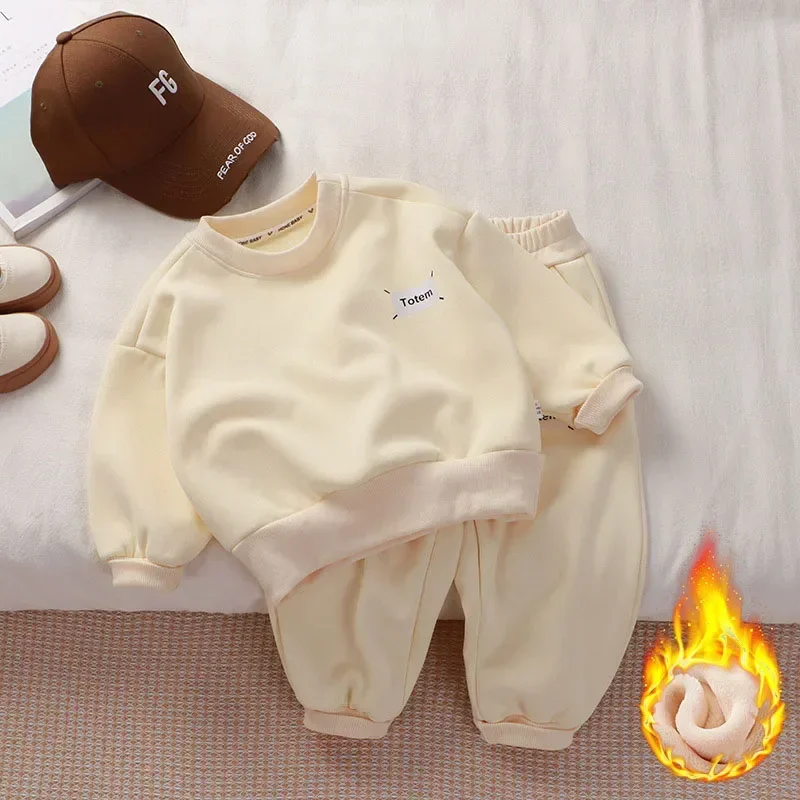 

New Autumn Winter Kids Clothes Set Children Fleece Padded Letter Korea Loose Sports Suit Boys Girls Outfit Sweatshirt Two-piece