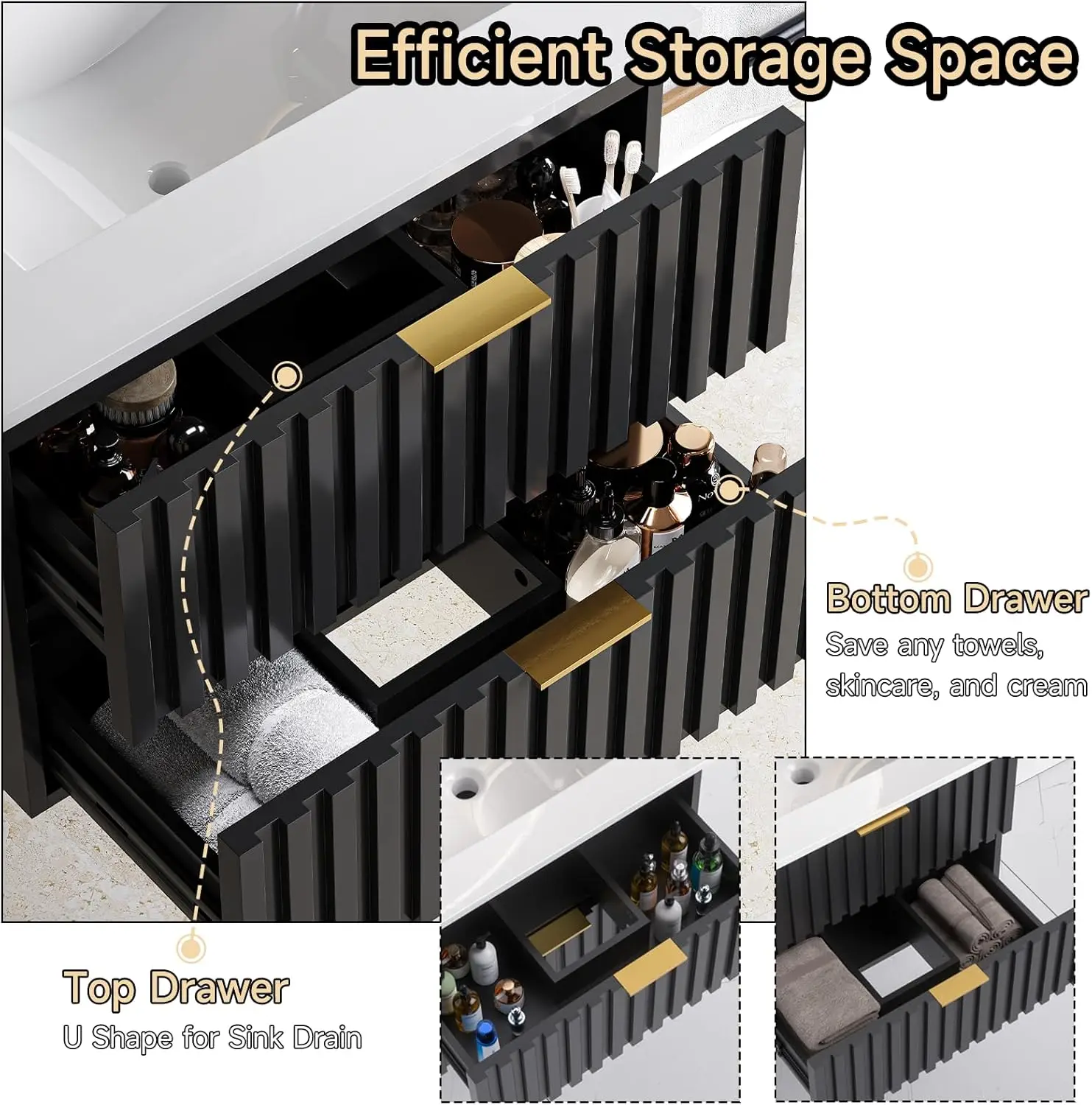 24 Inch Bathroom Vanity with Sink Combo, Floating Bathroom Vanity with 2 Fluted Drawer & Metal Handles, Modern Wall Mount 5