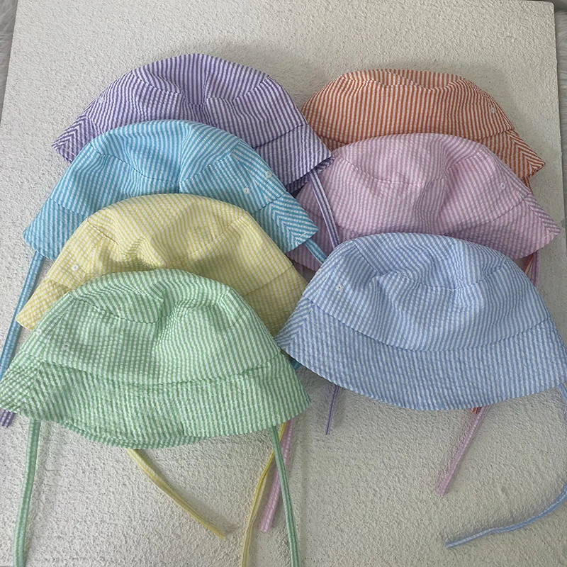 Hot Sale Toddler Bucket Hat Seersucker Newborn Sun Hat with Tie Strapes
