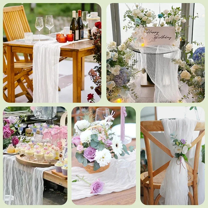 3pcs White Cheesecloth Table Runner Boho Gauze Cheese Cloth for Wedding Bridal Baby Shower Birthday Party Cake Table Decorations 5