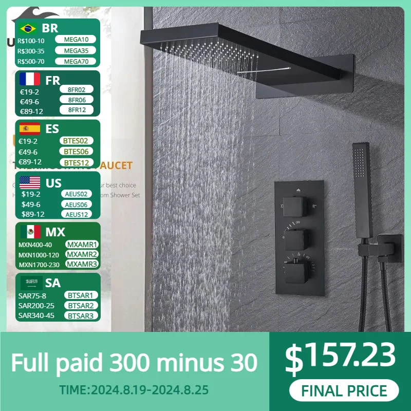 Luxury Waterfall Rainfall Shower Faucet Thermostat Valve Mixers Wall Mounted Thermostatic Shower Handshower Bathroom Faucet bathroom faucet bathroom shower faucet set thermostatic mixing valve