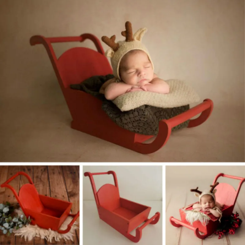 baby-photography-props-full-moon-baby-shoot-accessories-christmas-theme-red-mini-sleigh-car-creative-props-baby-photo-bed