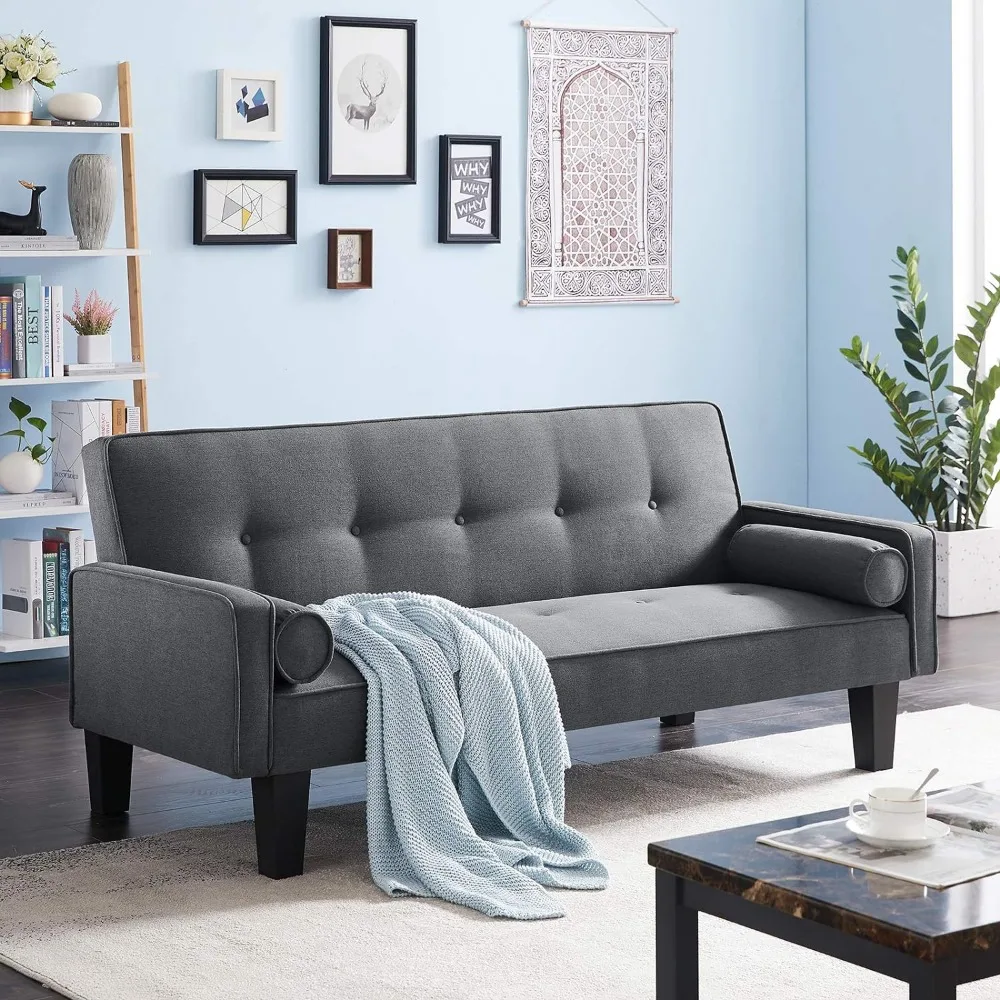 

Modern Futon Bed Convertible Love Seat Couch Linen Fabric Sleeper Sofas with 2 Pillows Furniture for Small Apartment Living Room