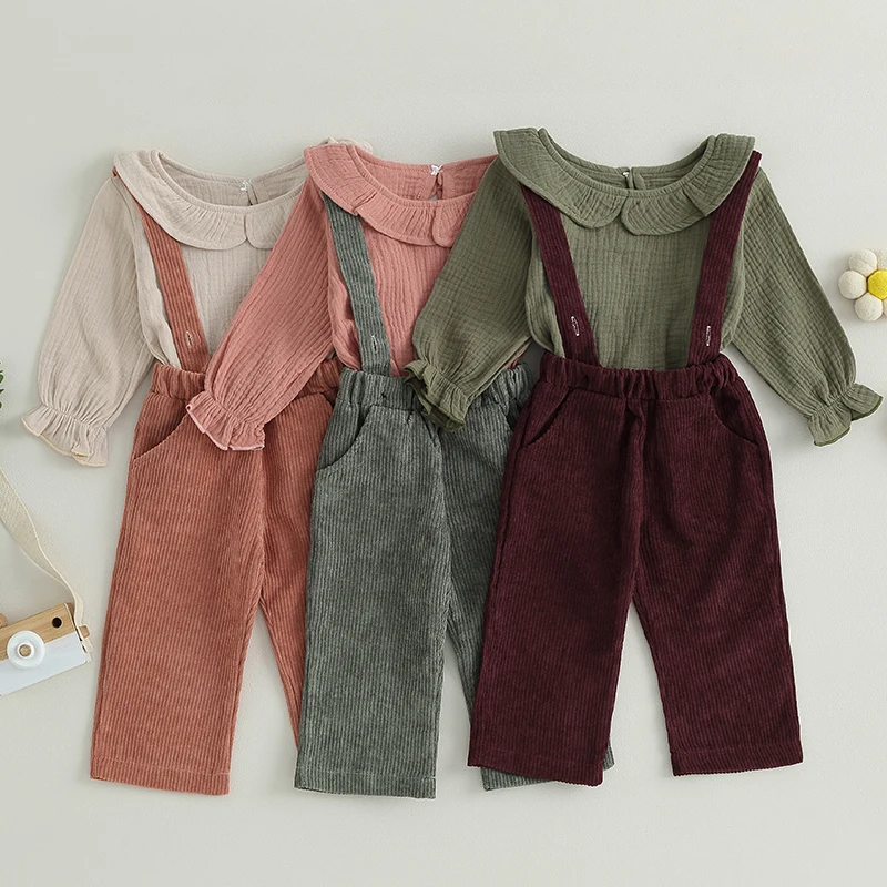 

Little Girls 2Pcs Fall Outfits Solid Color Long Sleeve Doll Collar Tops + Suspender Pants Set Toddler Clothes Set 6Months-4Years
