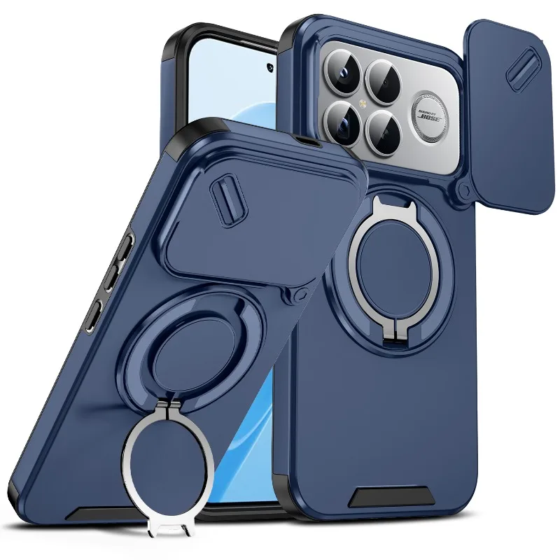 Enhanced Shockproof Hybrid Magnetic Ring Stand Phone Case with Slide Lens Armor Hard Cover