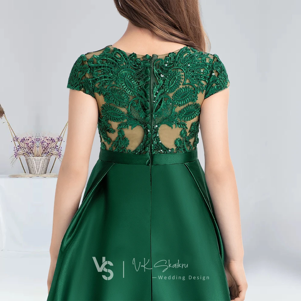 Ball-Gown/Princess Scoop Floor-Length Lace Satin Junior Bridesmaid Dresses With Bow Dark Green Flower Girl Dress Communion Dress 5
