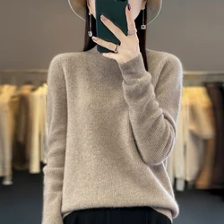 Autumn Winter Women Basic Mock-neck 100% Merino Wool Pullovers Sweater Slim Fit Cashmere Knitwear New Korean Fashion Tops