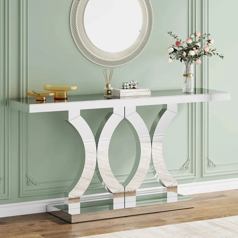 שולחן קונסולה מראה עם בסיס גיאומטרי, שולחן ספה מודרני לכניסה לסלון, שולחן קישוט מאחורי הספה
