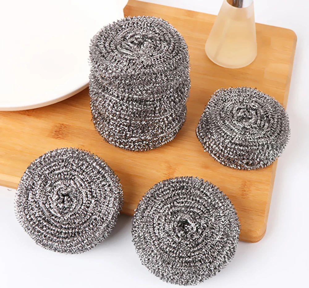 4 Scourer Steel Wire Mesh Ball Pads Kitchen Scrub Cleaning Pan Cleaner  Scouring Stainless Steel Scouring Curled Flat Wire Cleans Caked On & Baked  On