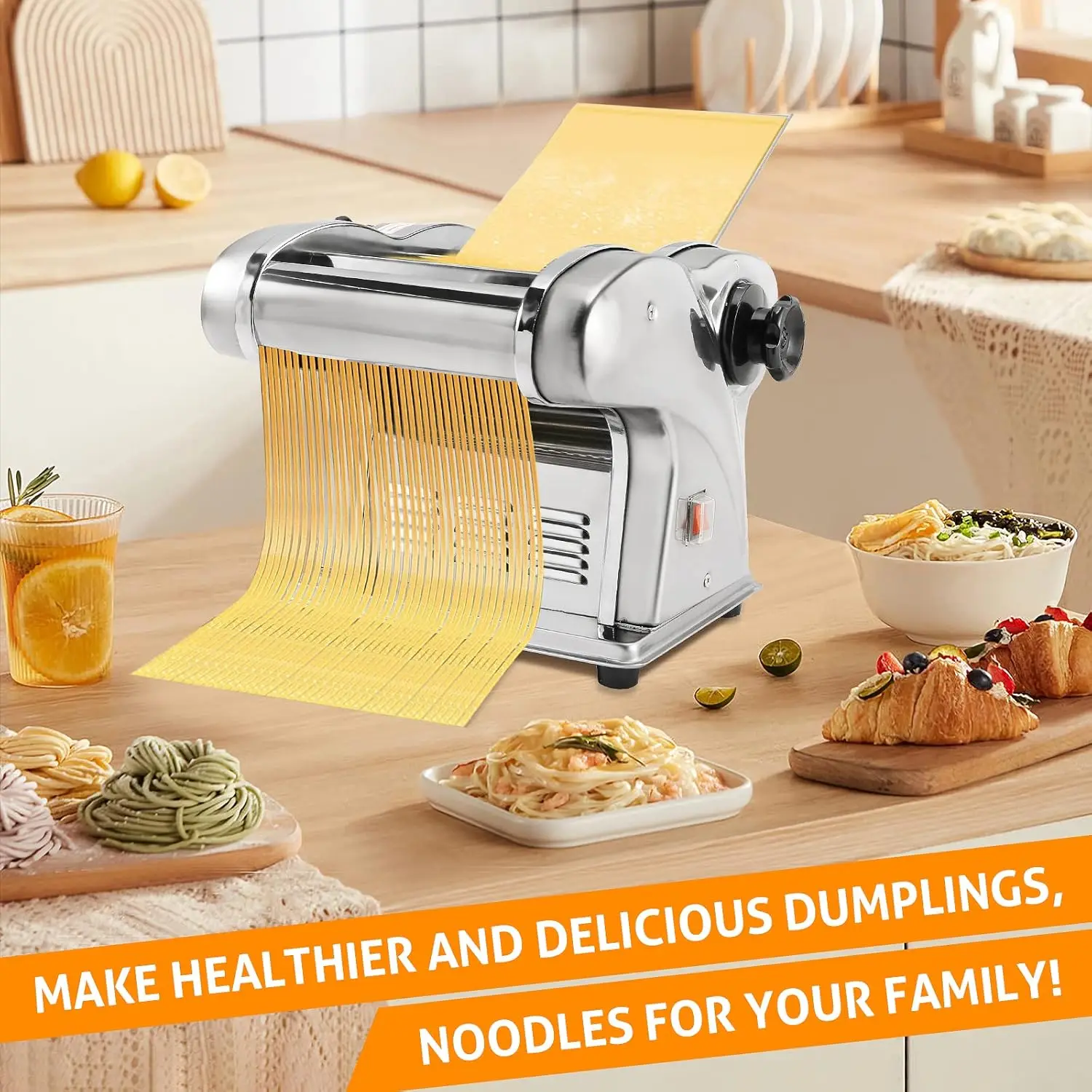 Electric Pasta Maker Machine 3 IN1 Pasta Dough Spaghetti Roller Noodle Pressing Machine Stainless Steel 135W for Home Family Use