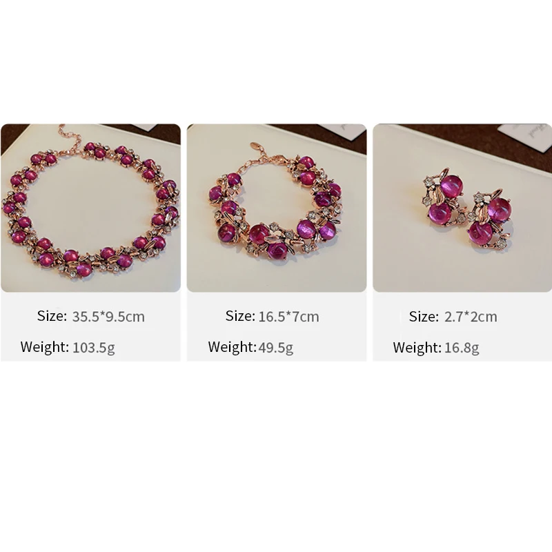 1/3 Pcs Vintage Purple Red Rhinestone Necklace Earrings Bracelet Set Leaf Flower Metal Necklace for Women Exquisite Jewelry Sets 6