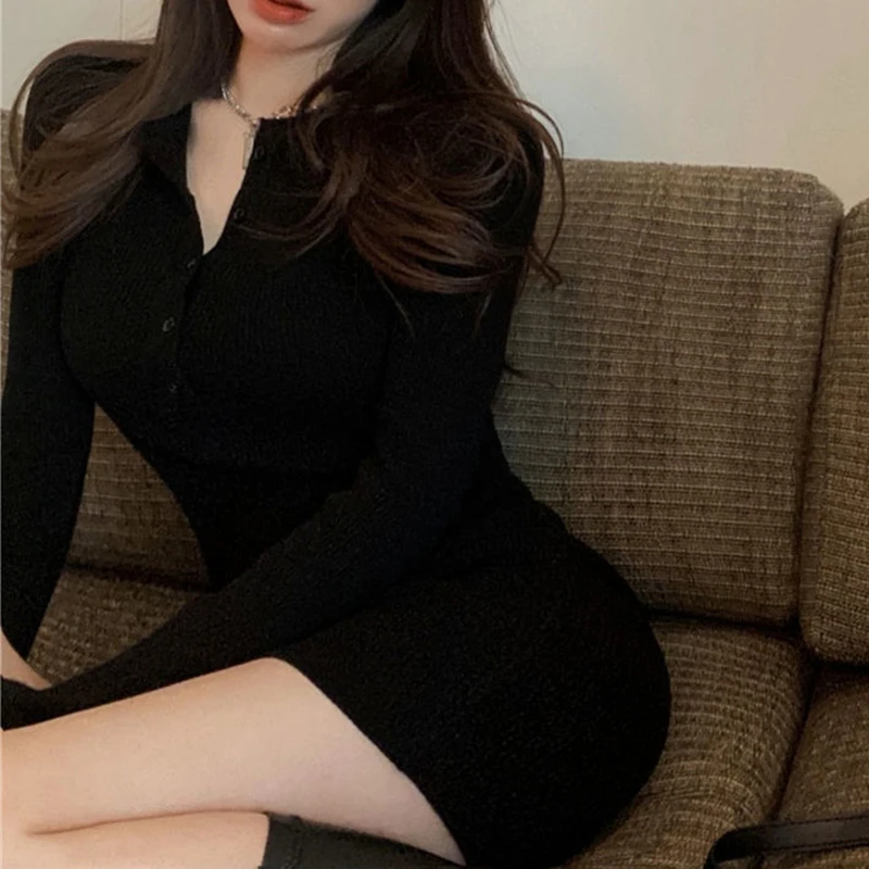 Women Dress y2k Clothes Solid Color Buttons Round Neck Long Sleeve Mini Bodycon Dress Evening Party Dresses Streetwear
