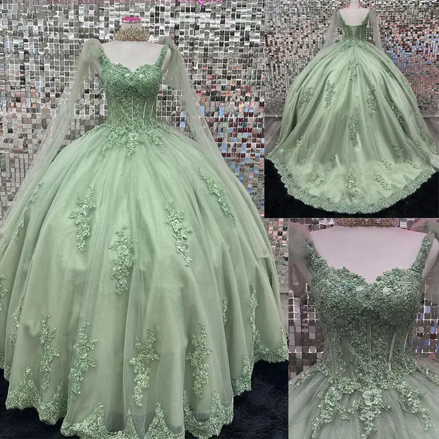 ANGELSBRIDEP Glittering Sage Green Quinceanera Dresses Flower Beading Lace Appliques Princess Birthday Party Vestidos De 15 Años 1