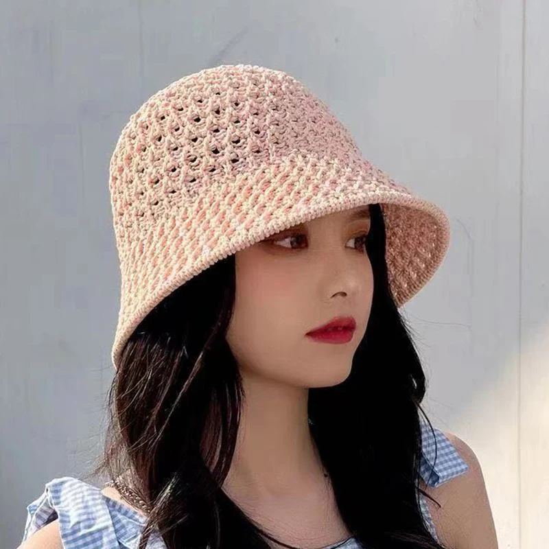Bucket Hat Spring Summer Hollow Knitted Solid Color Sunhat Fisherman Casual Foldable Beach Cap