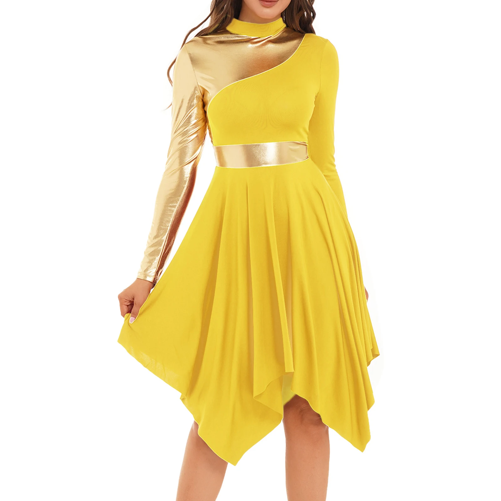 gold praise dance dress Danzcue Women's – Long Sleeve Liturgical Worship Gown With Metallic Panels – Church Performance PRODUCT