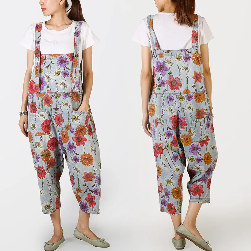 

Denim Jumpsuits Women Casual Wide Leg Bib Suspenders jean Pants Flower Printed Overalls Washed Pocket Retro Cute Cowboy Rompers