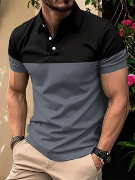 Casual Men s V Neck T-Shirt with Button Lapel and Stylish Contrast Color Design Perfect for Summer Outfits 2