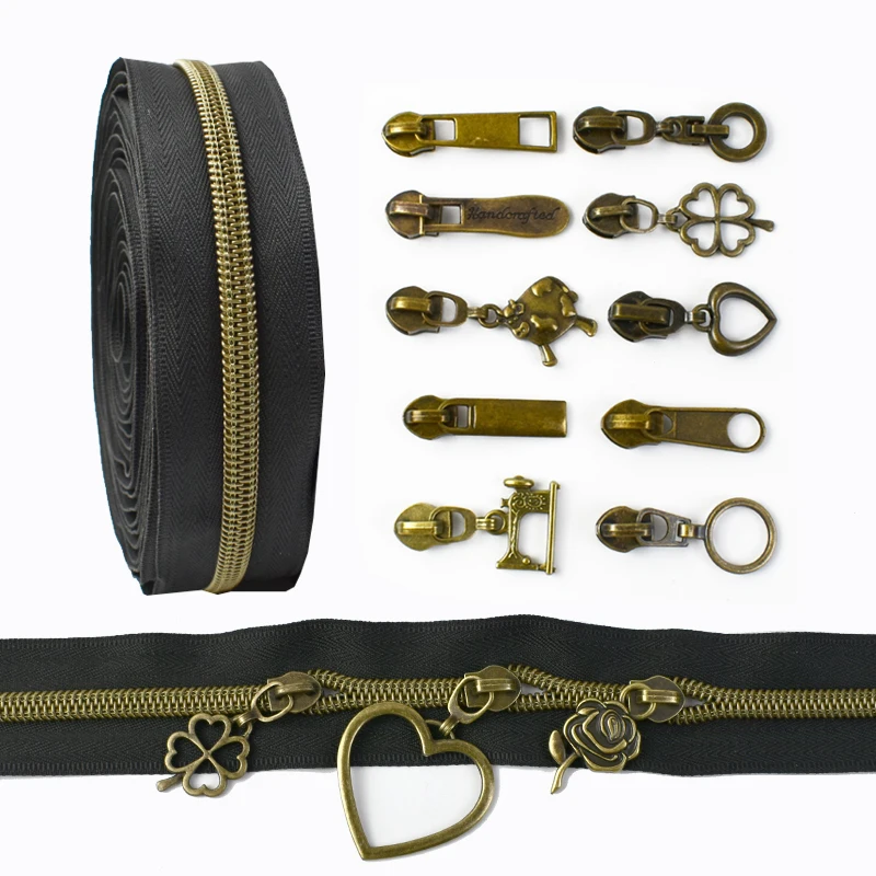 2/4meters 5 Sewing Nylon Zipper Tapes & Bronze Zippers Slider Clothes