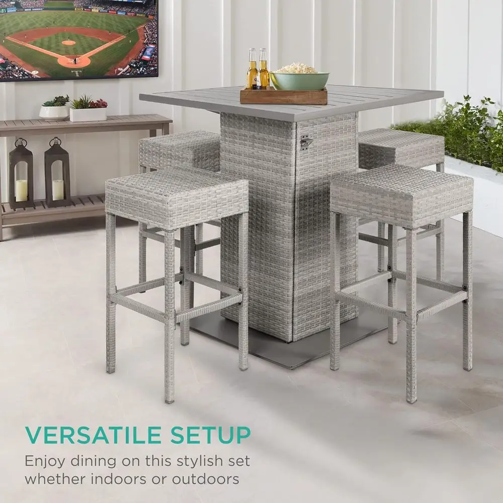 5-Piece Outdoor Wicker Bar Set – Metal Tabletop with Storage & Bottle Opener 6