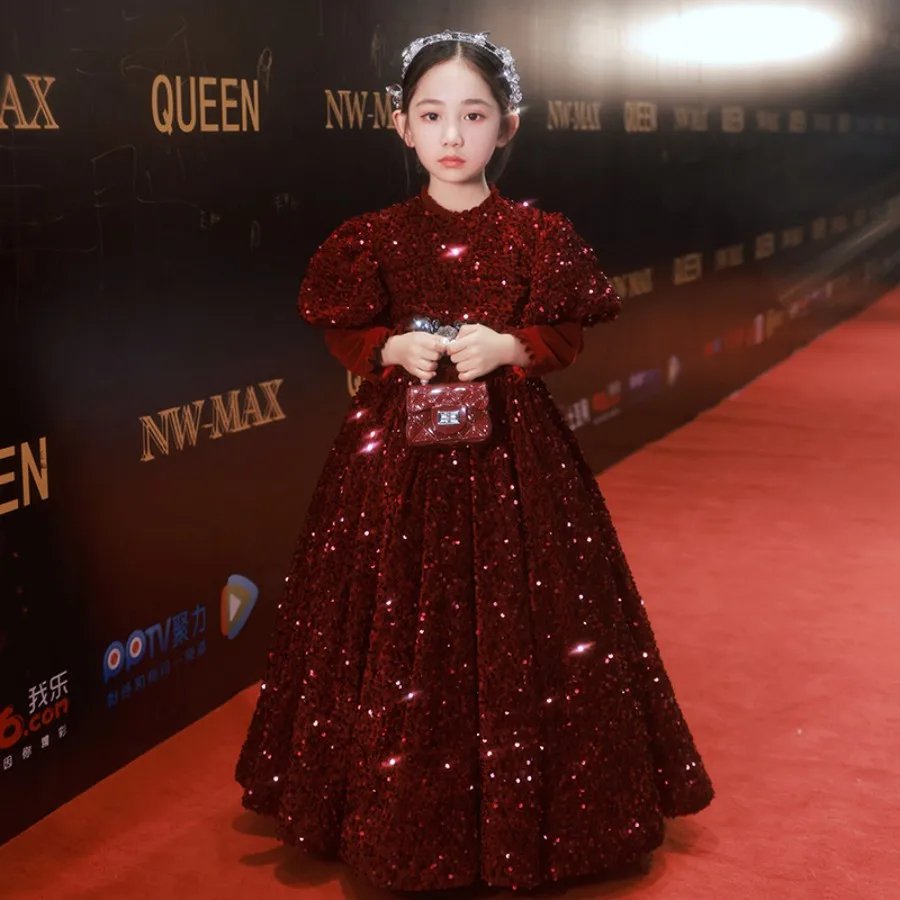 

Luxuty Girls Bling Sequin Puff Long Sleeve Pageant And Festive Dress 3 To 13 Years Teen Model Show And Red Carpet Gown Burgundy