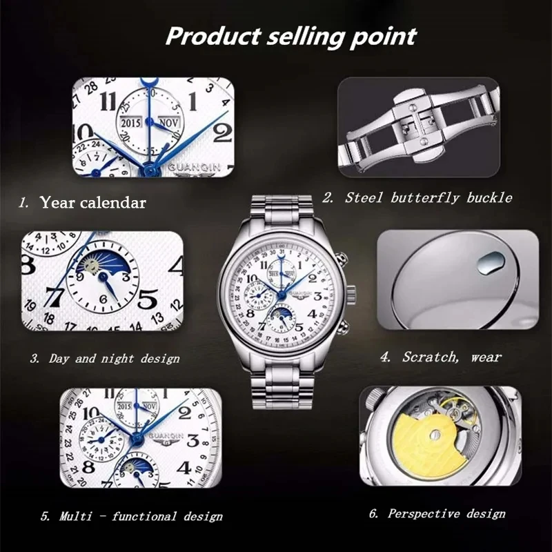 GUANQIN Mechanical Luxury Moon Phase Men's watches Stainless steel Sapphire mirror watch for men Multifunctional automatic Watch images - 6