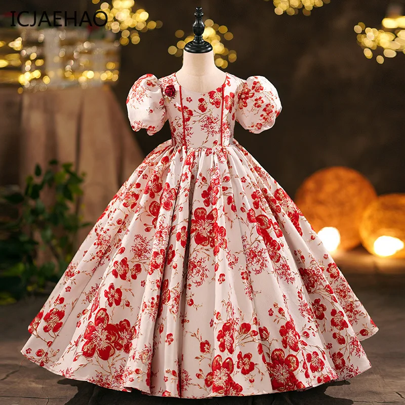 

Teenagers Girl Long Dresses for Elegant Pretty Children Pageant Frocks Red Floral Clothes Kids Piano Performance Ball Gowns