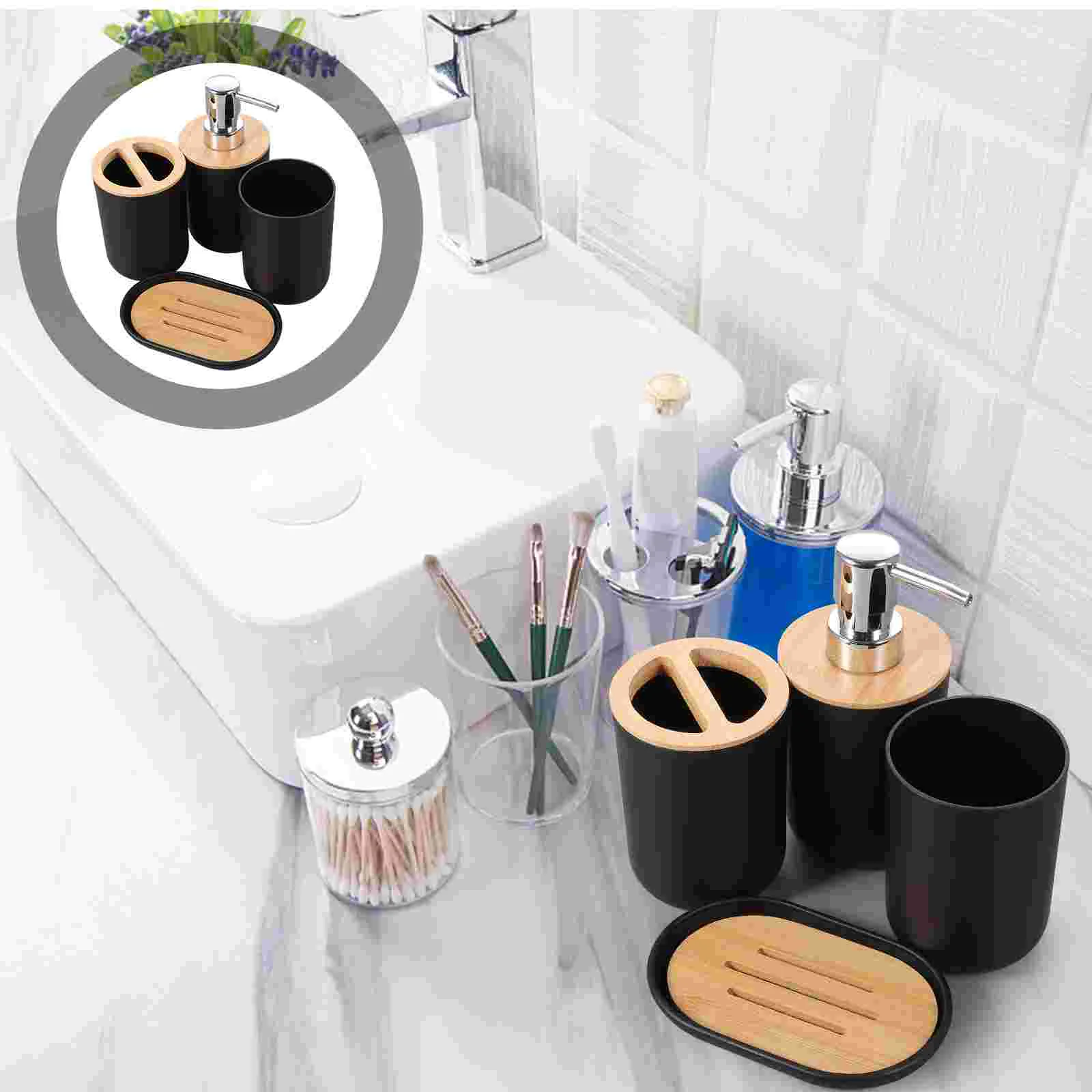 

Bathroom Wash Set Toothbrush Holder Black Matte Accessories Sink Decor Suite Soap Rack Wood Mens