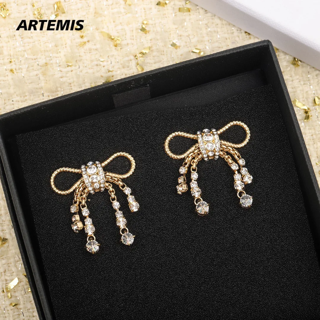 

Trend Famous Brand Designer Crystal Bow Gold Luxury Earrings Women Top Quality Boutique Jewelry
