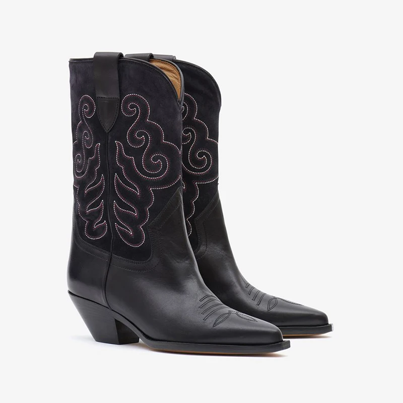 

2023 Autumn pointy heel ankle boots Embroidered vintage British Doc Martens women's slimming mid-leg knight boots