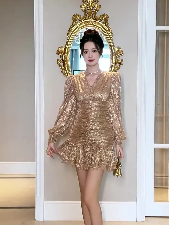 Women Clothes Fashion Sparkly Gold Bright Silk V-Neck Skinny Mermaid Short  Dress Elegant Ladies Vintage Party Prom Vestido New - AliExpress 200000345