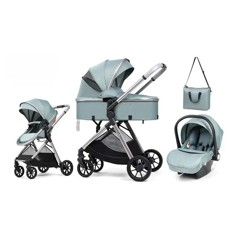 3-in-1 baby stroller high landscape stroller equipped with car seat mom bag one click folding can sit and lie down