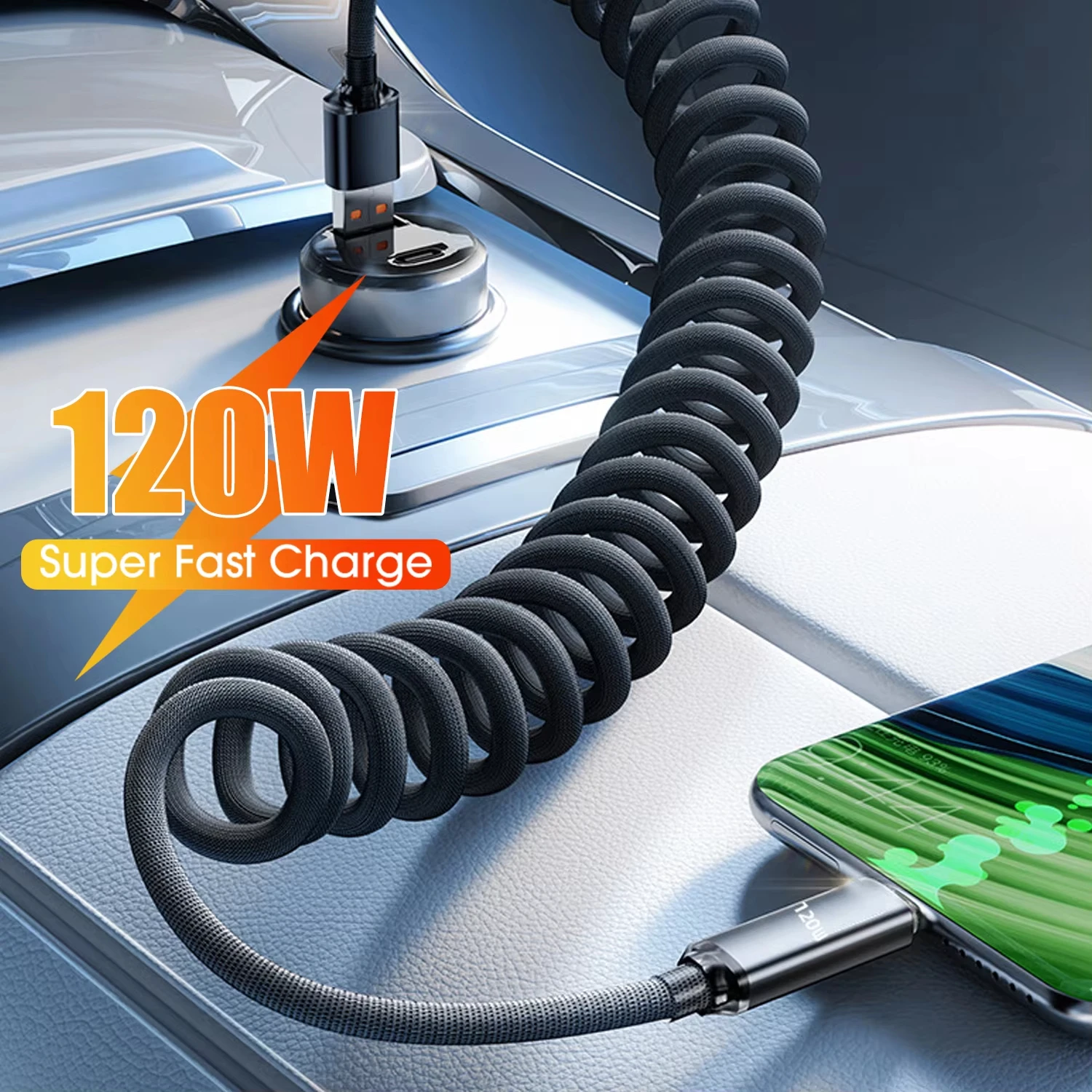120W USB-C to USB C Fast Charge Spring Cable Retractable Car Charger Data Cord for iPhone 17/16/15 Samsung Xiaomi Type-C Phones 2