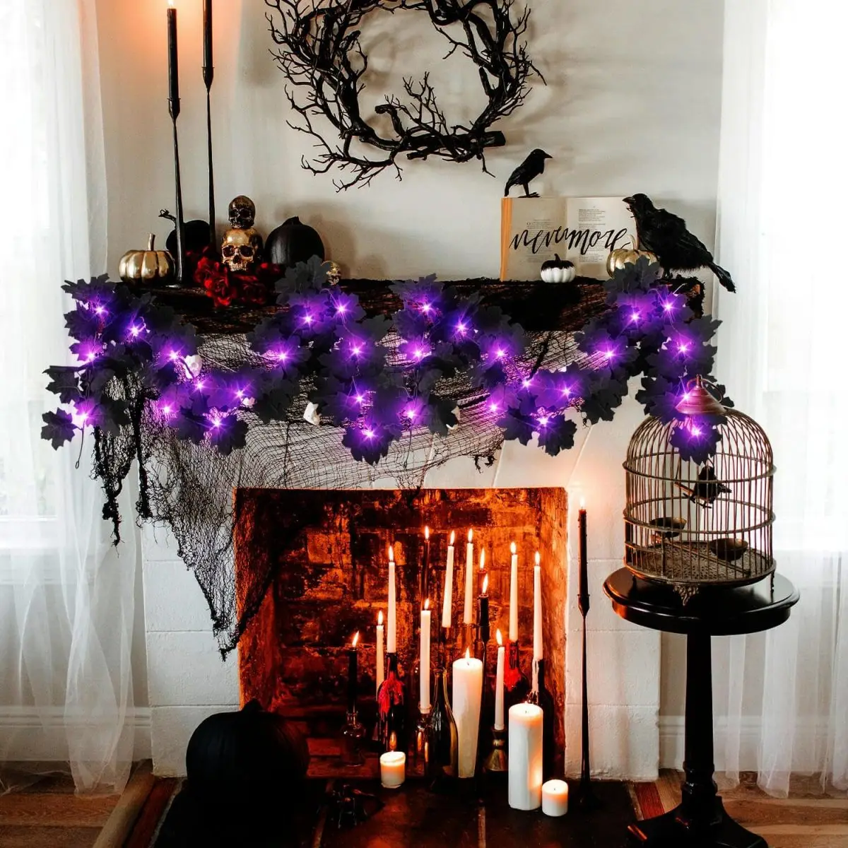 Halloween LED Black Leaf Garland - Battery Powered Fall Vine with Purple Lights