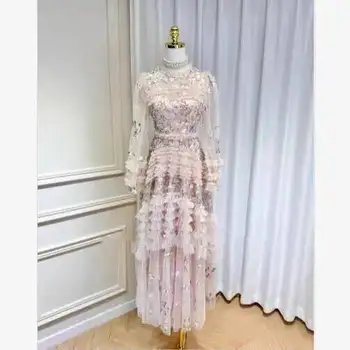Summer Autumn Fashion Flower Embroidery Lace Prom Evening Dress Women Long Sleeve Layers Wooden Ear Edge Midi Cake Dresses Party 1