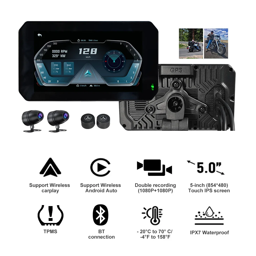 TPMS real time tire pressure DVR Dual camera 1080P Wireless CarPlay android auto Display screen for Motorcycles gps Navigation