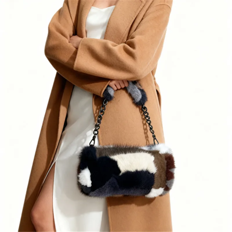 Natural Mink Fur Bag for Women Leather Handbag Plush Casual Lady Handbag Winter Shoulder Bag Fashion Exquisite Shopping Bag