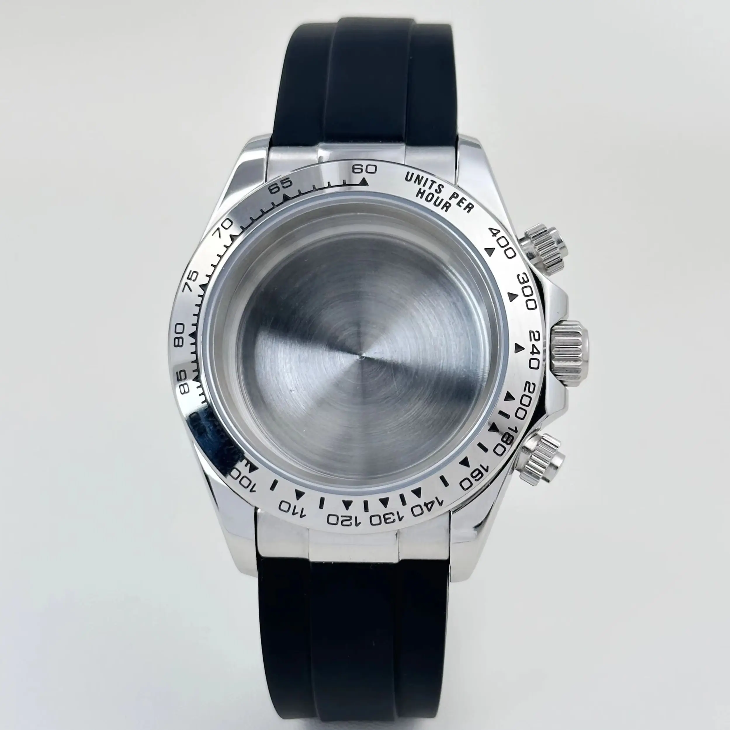 Close‑up of a watch with a stainless steel case, sapphire crystal, and quartz movement