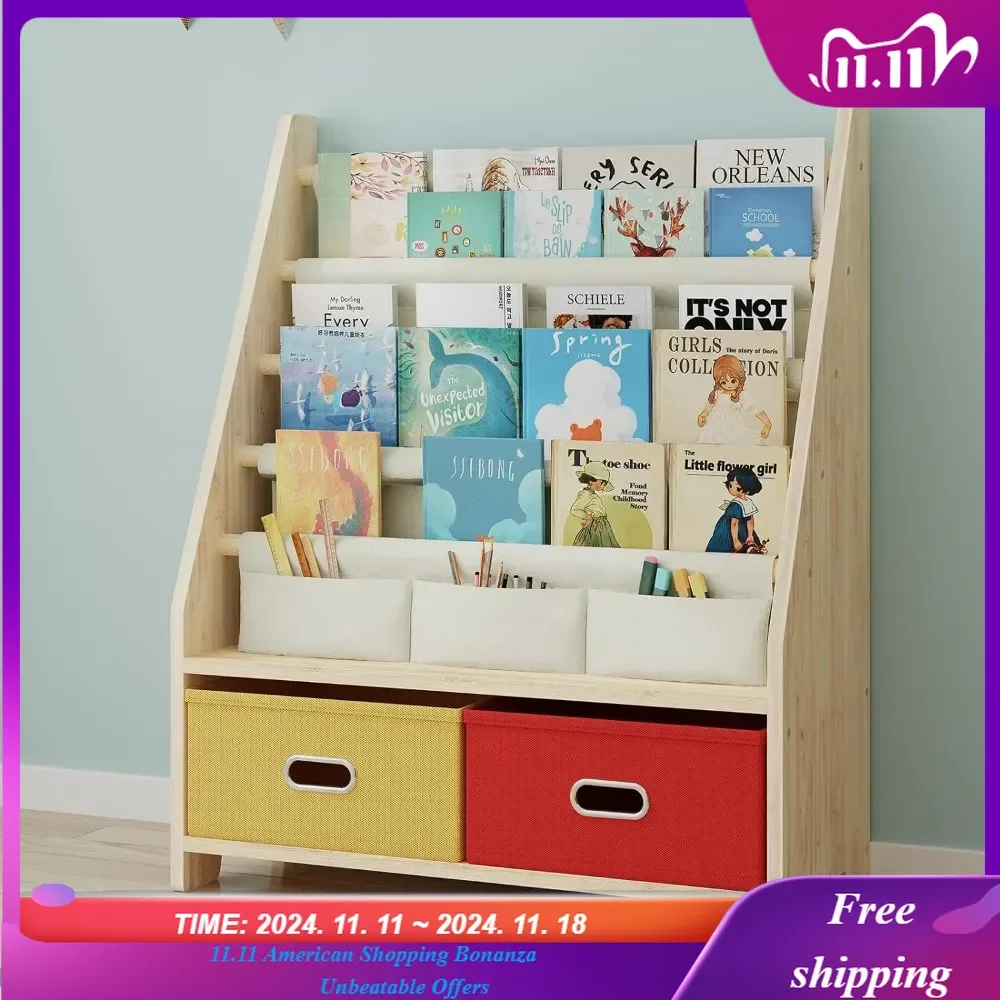 4 Tier Kids Book Shelf, Wooden Kids Book Rack Storage Bookshelf with Toy Storage Organizer,