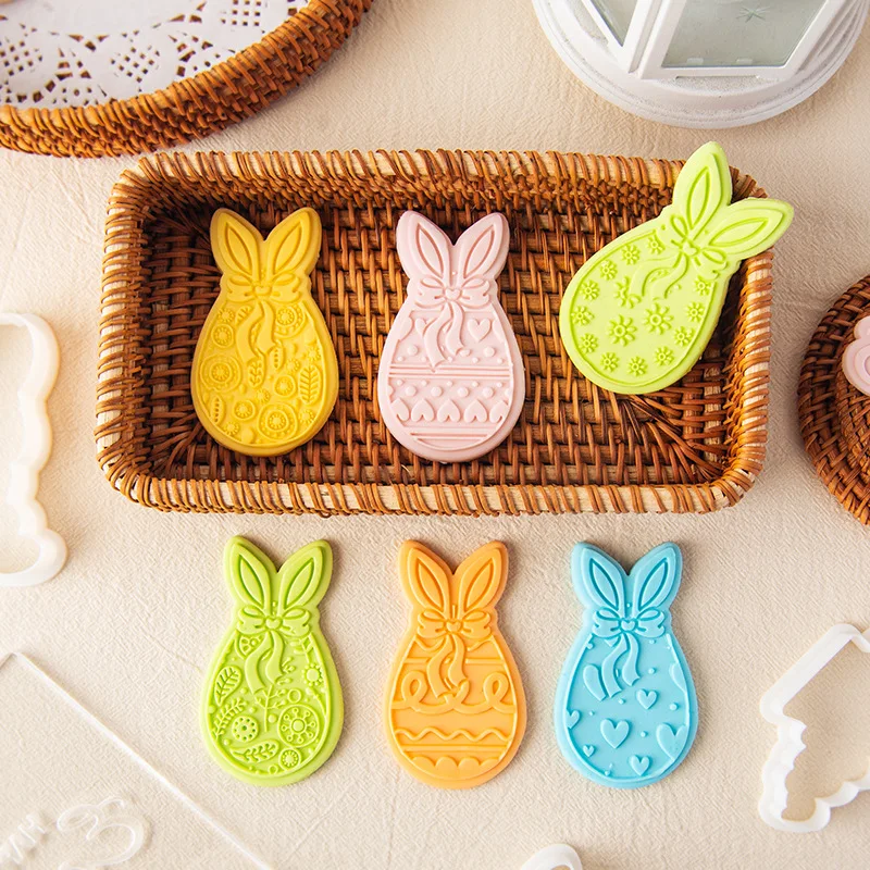 Easter Cute Bunny Egg Pattern Impression Mold Cartoon Fondant Biscuit Mold Rabbit Party Dessert DIY Decoration Baking Tools