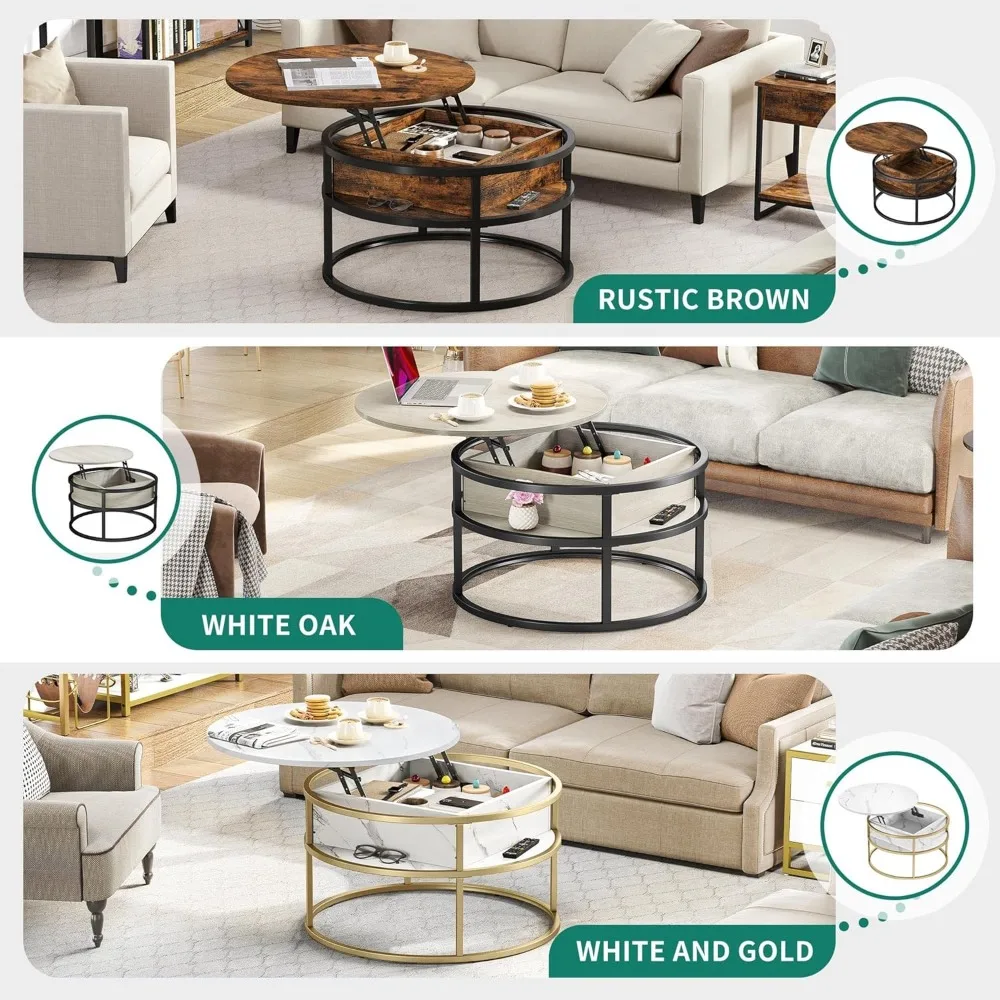 Round living room coffee table, Lift coffee table with storage, Wooden table with hidden storage compartment
