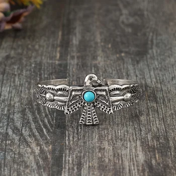 Bracciale con aquila tribale vintage con pietra preziosa turchese - Placcato in argento, struttura in lega, bracciale aperto regolabile con pietra preziosa sintetica