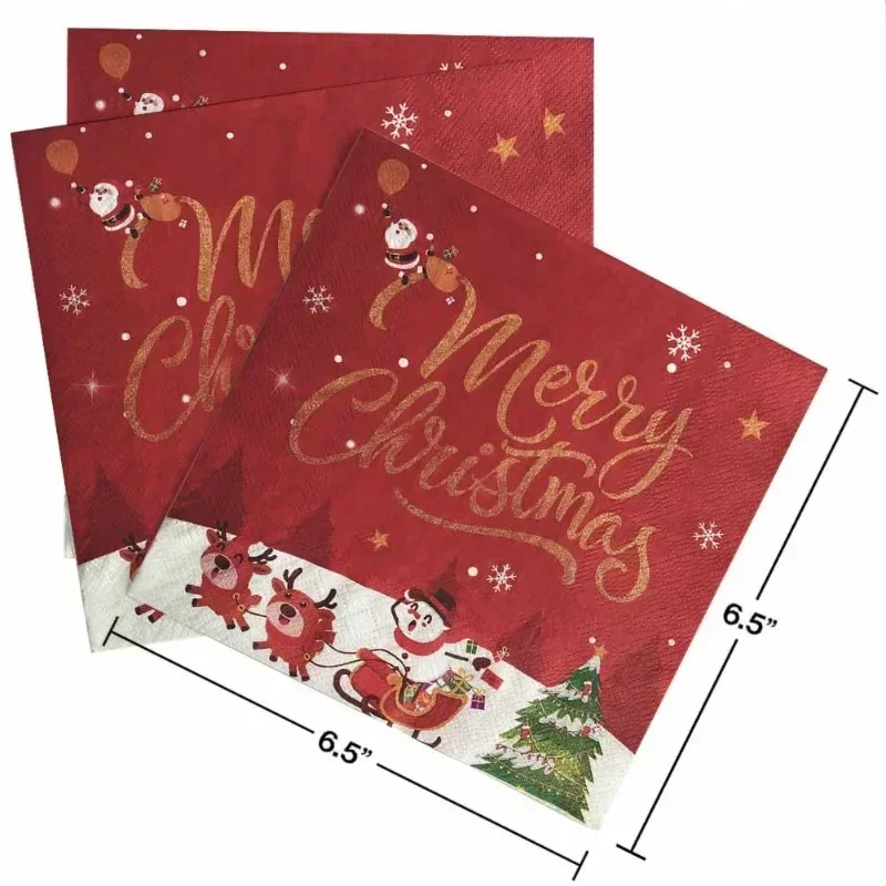 Christmas Party Decoration Paper Gold Merry Christmas Red Napkin Cartoon Elements Wine Glasses Flower Plate Napkin
