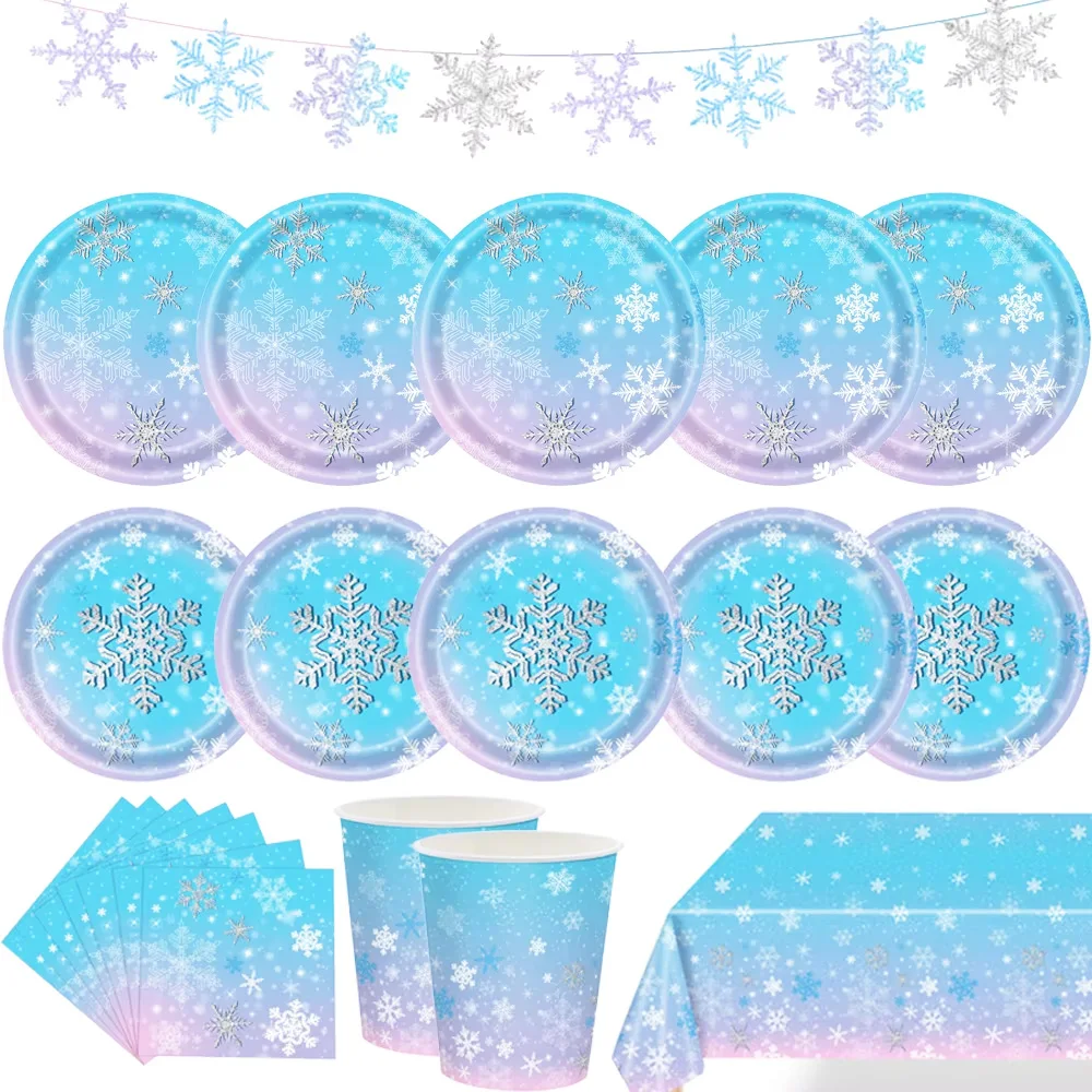 Winter Snowflake Birthday Party Supplies Paper Plates Napkins Disposable Tableware Set Christmas Frozen Theme Party Decorations