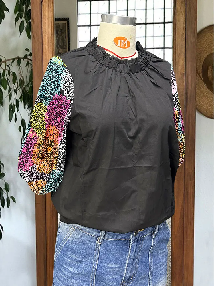 Floral Printed Cotton Puff Sleeves Casual Top O Neck Blouse
