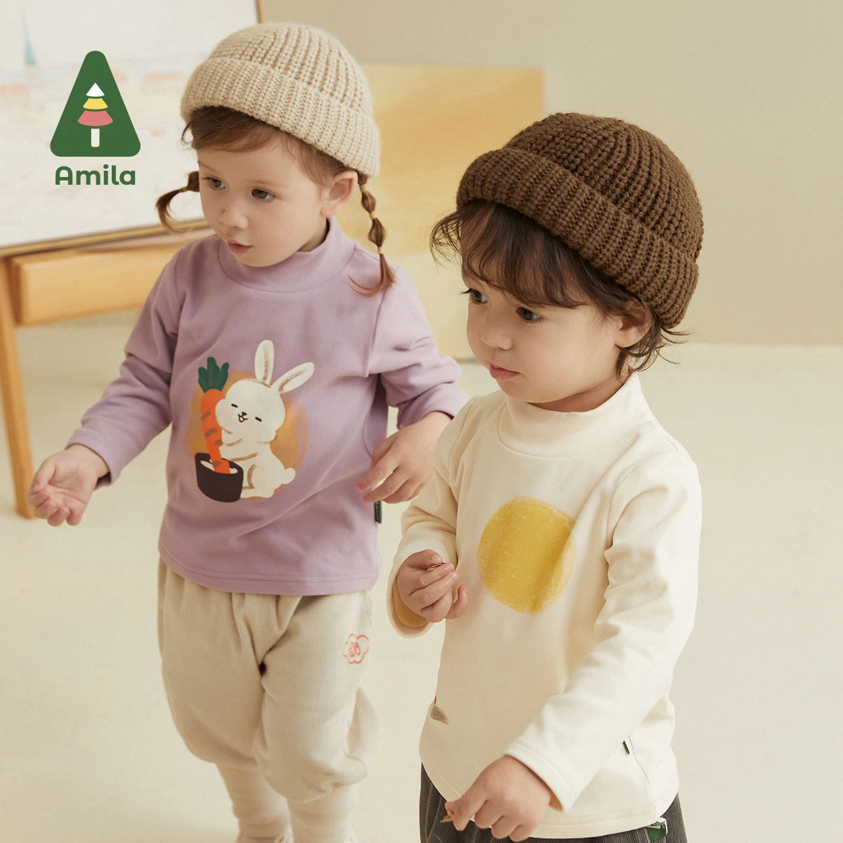 Amila Baby T-shirt Autumn High-collar Long Sleeves For Boys and Girls Soft Moon Rabbit Children Clothes Cartoon