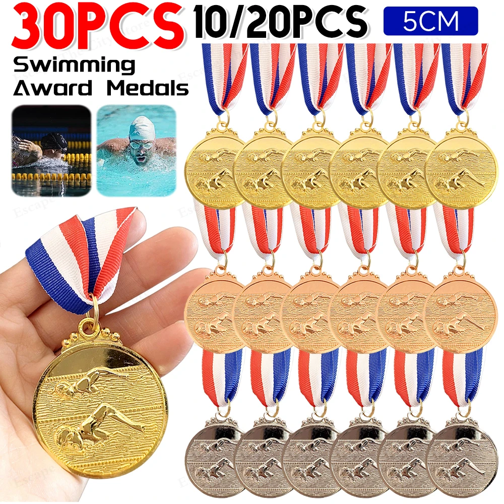 Award Medals 10-30PCS Swimming Medal Competition Awards with Neck Ribbon Metal 5cm Winner Medals Gold/Silver/Bronze Medal for Competitions
