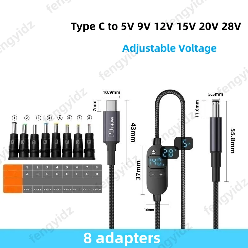 USB C-DC 전원 부스트 케이블 140W 타입 C-5V 9V 12V 15V 20V 28V 조절 가능 전압 어댑터 연결 코드 (노트북, 라우터용)