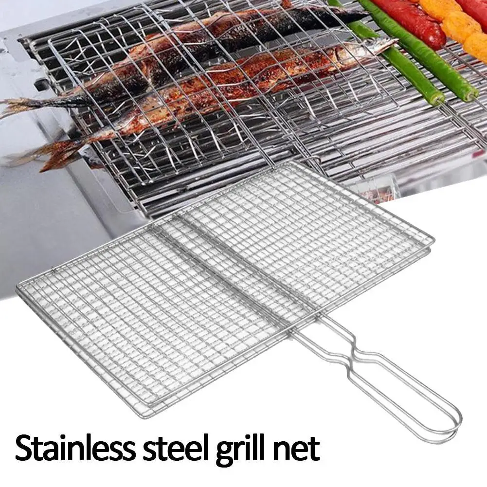 1PCS Stainless Steel Grill Net Barbecue Vegetable Fish Grilling Mesh Foldable Handle For Outdoor Camping Picnic BBQ Cooking Tool