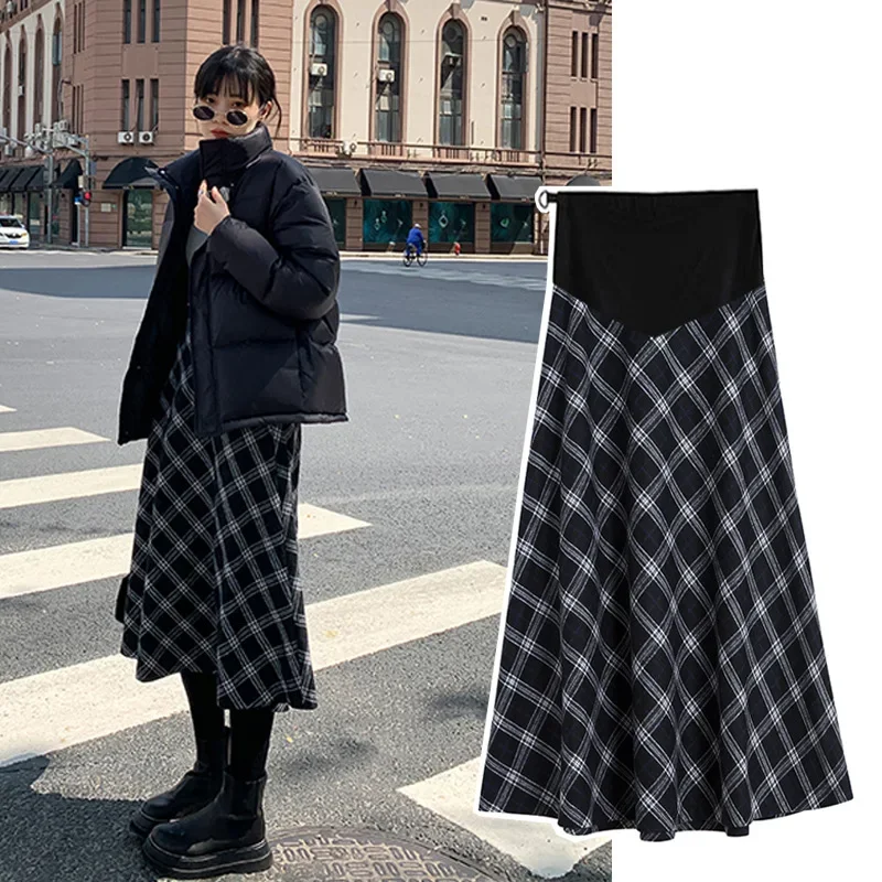 Winter Maternity Skirt Adjustable Waist Preppy Style Pregnant Woman Plaid Skirts Plus Size Pregnancy Clothes Long Skirts