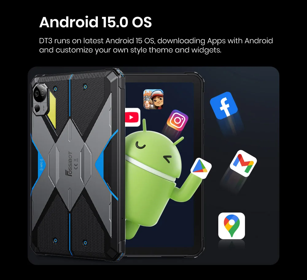 FOSSiBOT DT3 5G Rugged Tablet, Android 15, 10.4 inch 1200x2000 Display, 12GB RAM 256GB ROM, WiFi 6, 21560mAh Battery 66W Fast Charge, 64MP+32MP Camera, LED Flashlight, NFC, GPS/GALILEO/GLONASS/QZSS/BEIDOU/NavIC, Fingerprint & Face ID Unlock